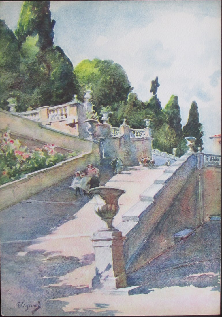 Frascati - Villa Torlonia - Pierre Vignal: Frascati - Terraces of the Villa Torlonia From Water Color Renderings Gardens of Rome - Pierre Vignal Portfolio Artist: After Pierre Vignal 1855 - 1925 Print T