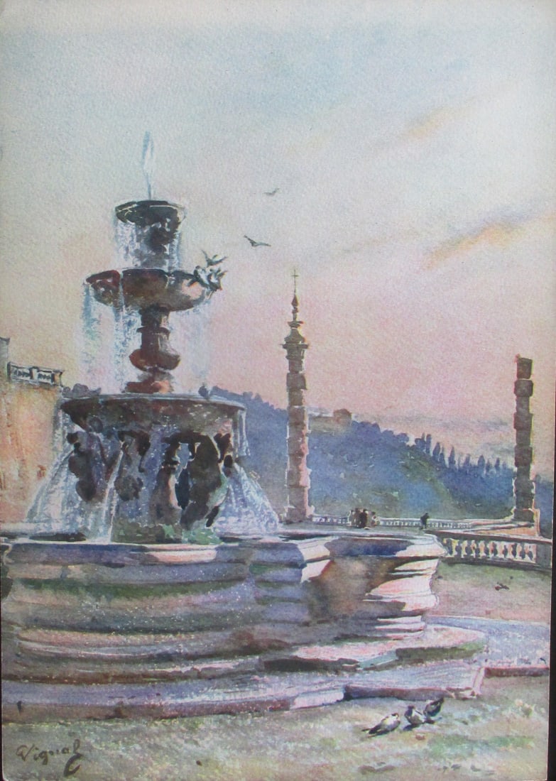 Frascati - Villa Mondragone - Pierre Vignal: Frascati - Fountain of Paul V in the Villa Mondragone From Water Color Renderings Gardens of Rome - Pierre Vignal Portfolio Artist: After Pierre Vignal 1855 - 1925