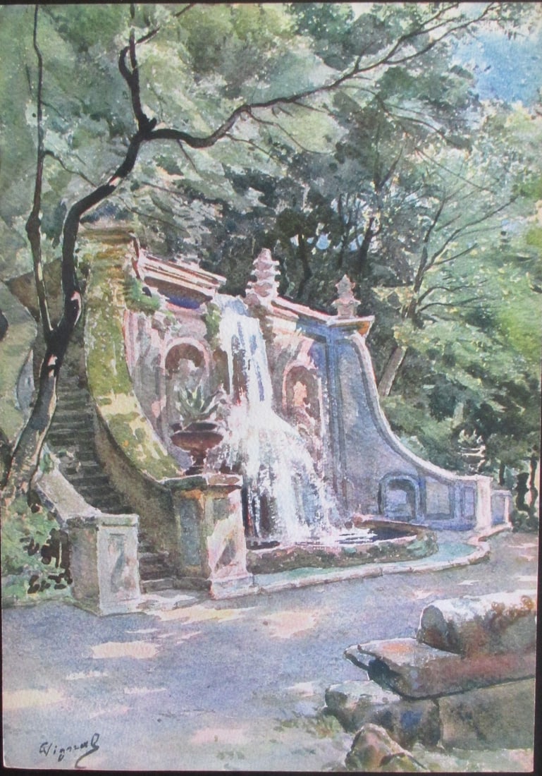 Frascati - Villa Aldobrandini - Pierre Vignal: Frascati - Cascade in the Villa Aldobrandini From Water Color Renderings Gardens of Rome - Pierre Vignal Portfolio Artist: After Pierre Vignal 1855 - 1925 Prin