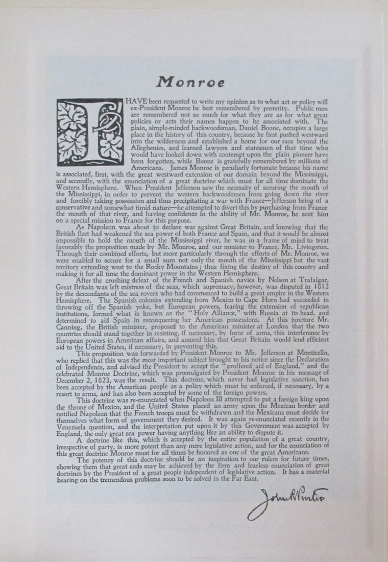Tribute to President James Monroe: Tribute to President James Monroe Print Type: Photogravure Signed: Signed in plate Date: 1907 Publisher: Bureau of National Literature & Art