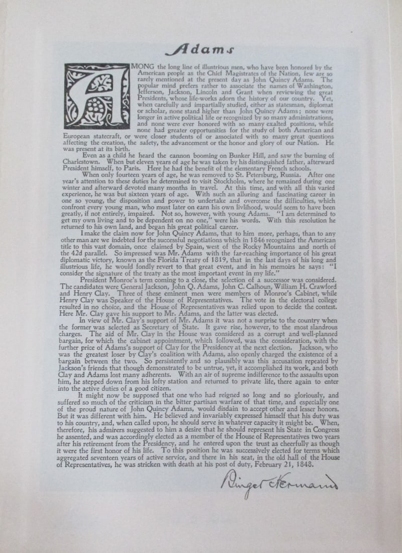 Tribute to President John Quincy Adams: Tribute to President John Quincy Adams Print Type: Photogravure Signed: Signed in plate Date: 1907 Publisher: Bureau of National Literature & Ar