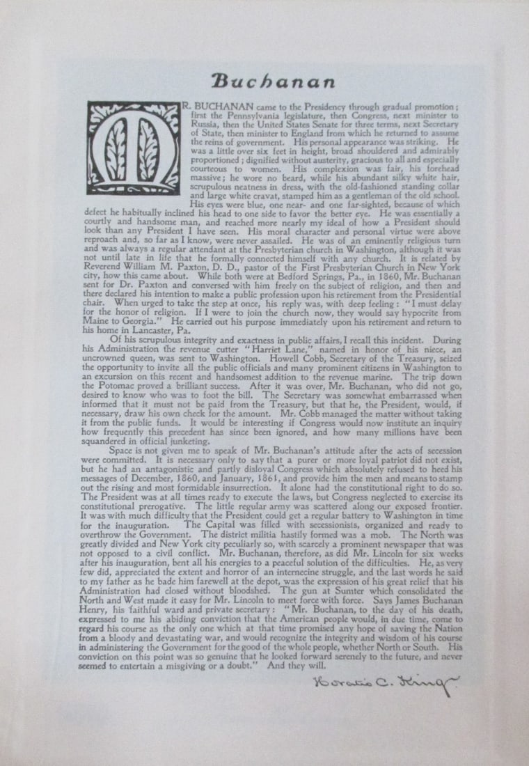 Tribute to President James Buchanan: Tribute to President James Buchanan Print Type: Photogravure Signed: Signed in plate Date: 1907 Publisher: Bureau of National Literature & Art</