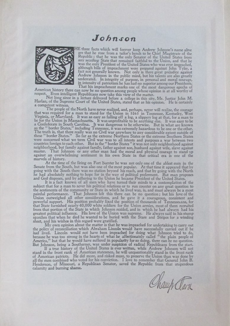 Tribute to President Andrew Johnson: Tribute to President Andrew Johnson Print Type: Photogravure Signed: Signed in plate Date: 1907 Publisher: Bureau of National Literature & Art</