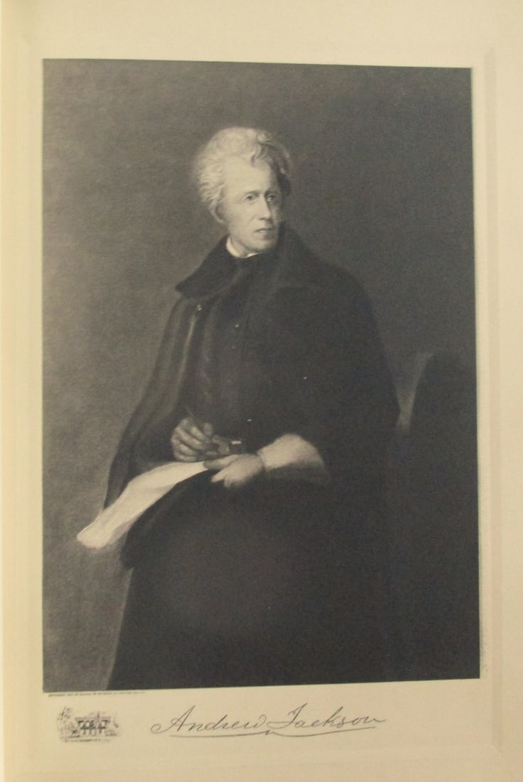 Portrait of President Andrew Jackson: Portrait of President John Quincy Adams On stiff paper with plate mark. Print Type: Photogravure Signed: Signed in plate Date: 1907 Publisher: Bureau of National Literature & Art Dimensions: 14 x 9