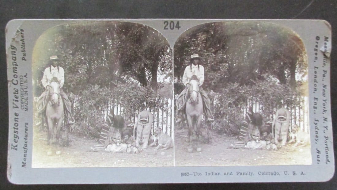 Ute Indian and Family - Colorado: Ute Indian and Family - Colorado Photographer: Keystone Dated: c 1898 Medium: Stereoview Condition Report Slight edge wear/tear. Good plus Subject References: 118F