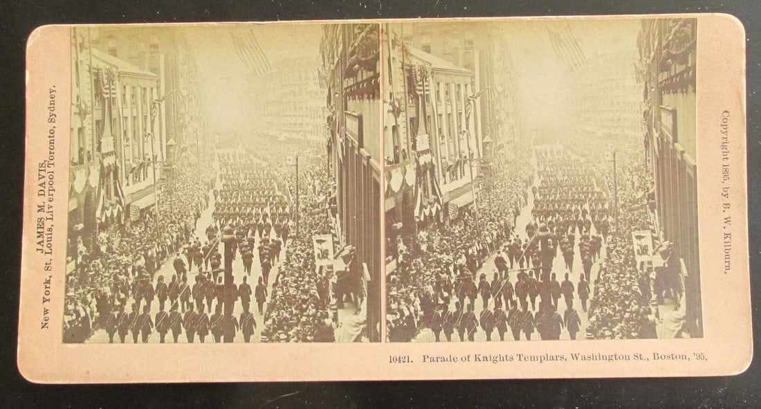 Parade of Knights Templar - Boston Massachusetts: Parade of Knights Templar - Washington St., Boston Massachusetts Scarce Photographer: B. W. Kilburn Dated: 1895 Subject: Knight Templars Medium: Stereoview Condition Report Very good Subject