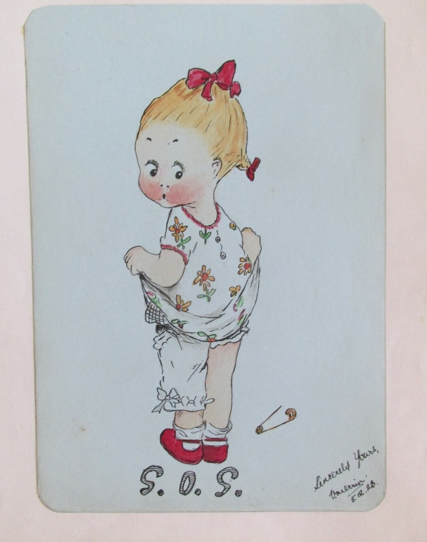 SOS - Watercolor of Girl in Bloomers: SOS - Watercolor of Girl in Bloomers Possibly Illustration Art. Mounted on stiff paper Artist: Illegiible Medium: Watercolor Date: 5/12/1923 Signed: Illegible Size: 6 1/2 x 4 1/2" Condition: Very