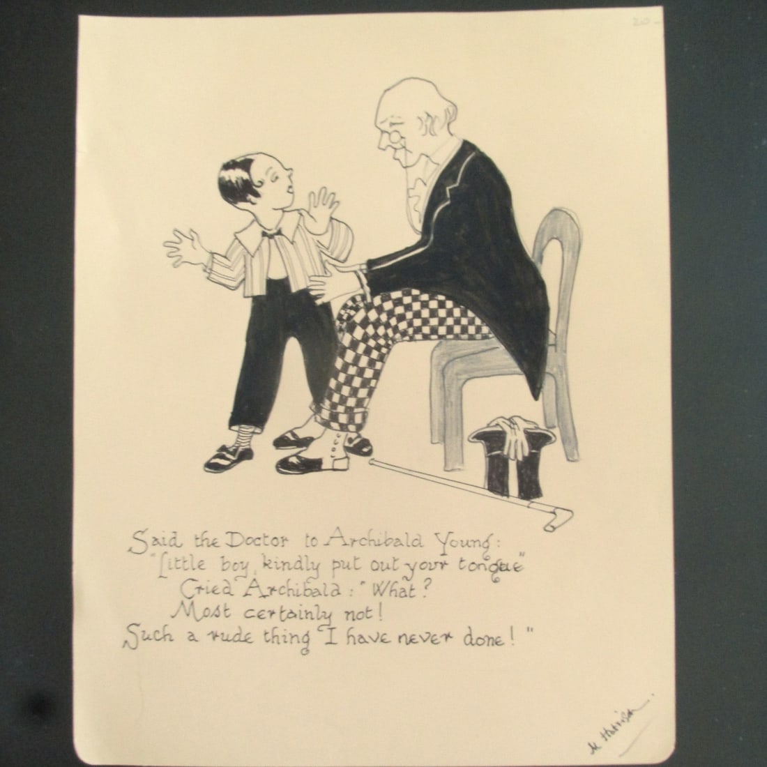 Said The Doctor to Archibald Young: Said The Doctor to Archibald Young Possibly Illustration Art Medium: Pen and Ink Date: Circa 1910 Signed: Illegibly Size: 9 x 7" Subject: Juvenile Poetry Condition: Very Good Subject References: 143F