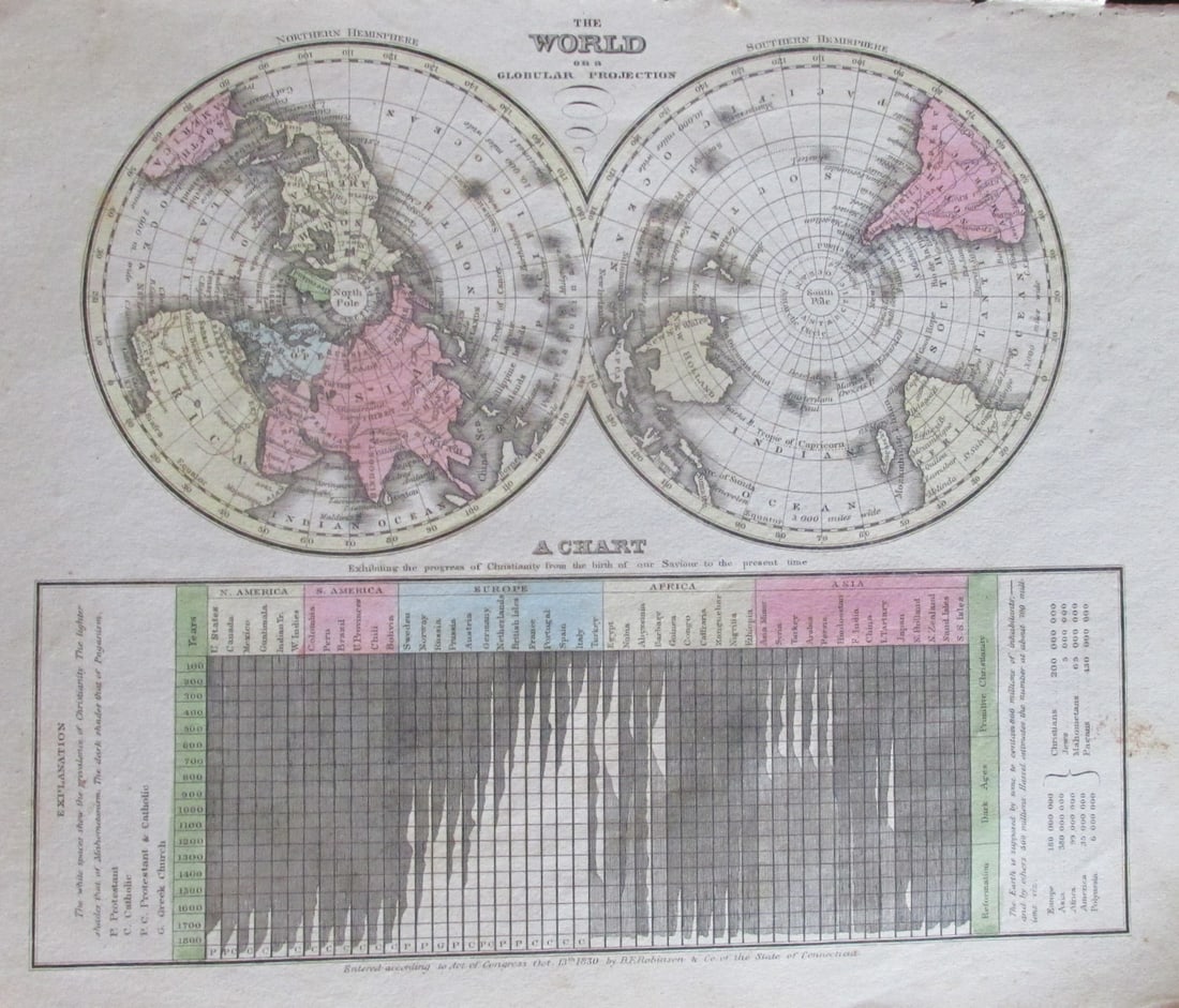 Northern and Southern Hemisphere of the World: Northern and Southern Hemisphere of the World Hand Colored Mercator Maps and Chart. Cartographer: E. Huntington Publisher D, F. Robinson Dated: 1830 Dimensions: 11 x 8" Condition Report Fair with