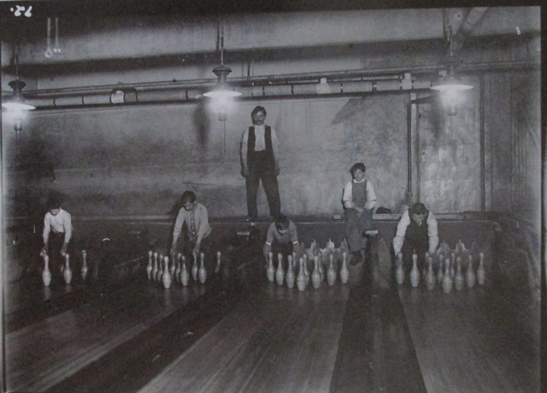 Bowling Alley Pin Boys 1 a.m. - Lewis W. Hine: Bowling Alley Pin Boys 1 a.m From the Original Lewis W. Hine negative in the George Eastman House (1910) #8 Photographer: Lewis W. Hine Dated: 1970 Su