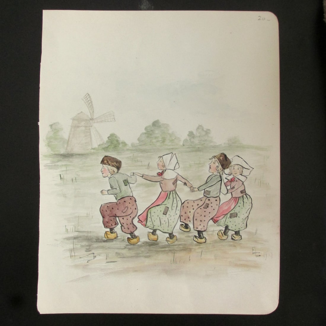 Dutch Watercolor with Dancing Children: Dutch Watercolor with Dancing Children Artist: E.L. Medium: Watercolor Date: 1917 Signed: E.L. Size: 8 1/2 x 6 1/2" Condition: