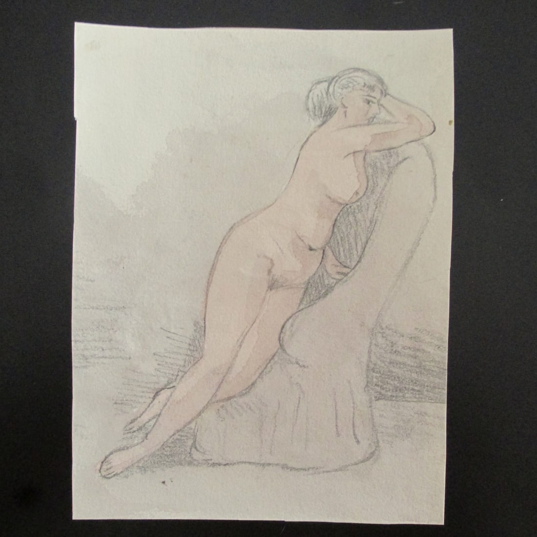 Reclining Nude: Reclining Nude Medium: Watercolor & Graphite Date: 1859 Size: 6 x 4 1/2" Condition: Small tear center. Good plus Subject Ref