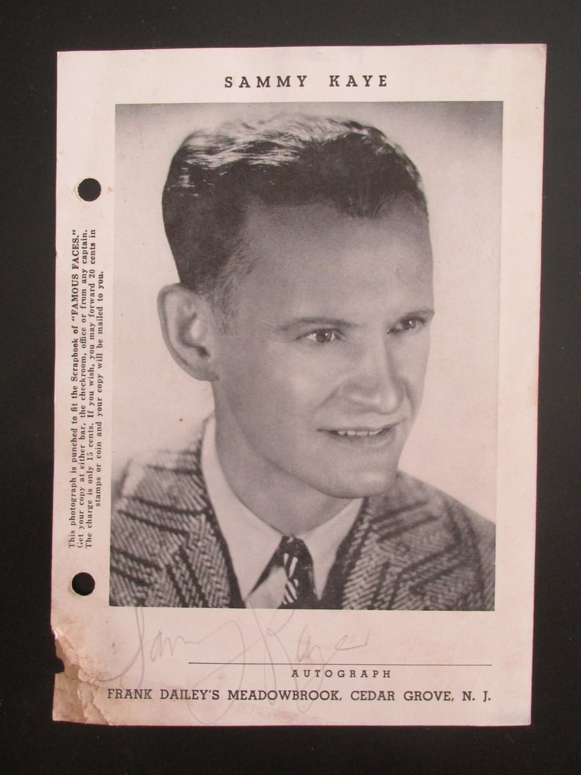 Signed Sammy Kaye Photograph: Sammy Kaye signed photo from Frank Daley's Meadowbrook - Cedar Grove, N.J. Cedar Grove, New Jersey Sammy Kaye (born Samuel Zarnocay Jr., March 13, 1910 ? June 2, 1987) was an American bandleader and