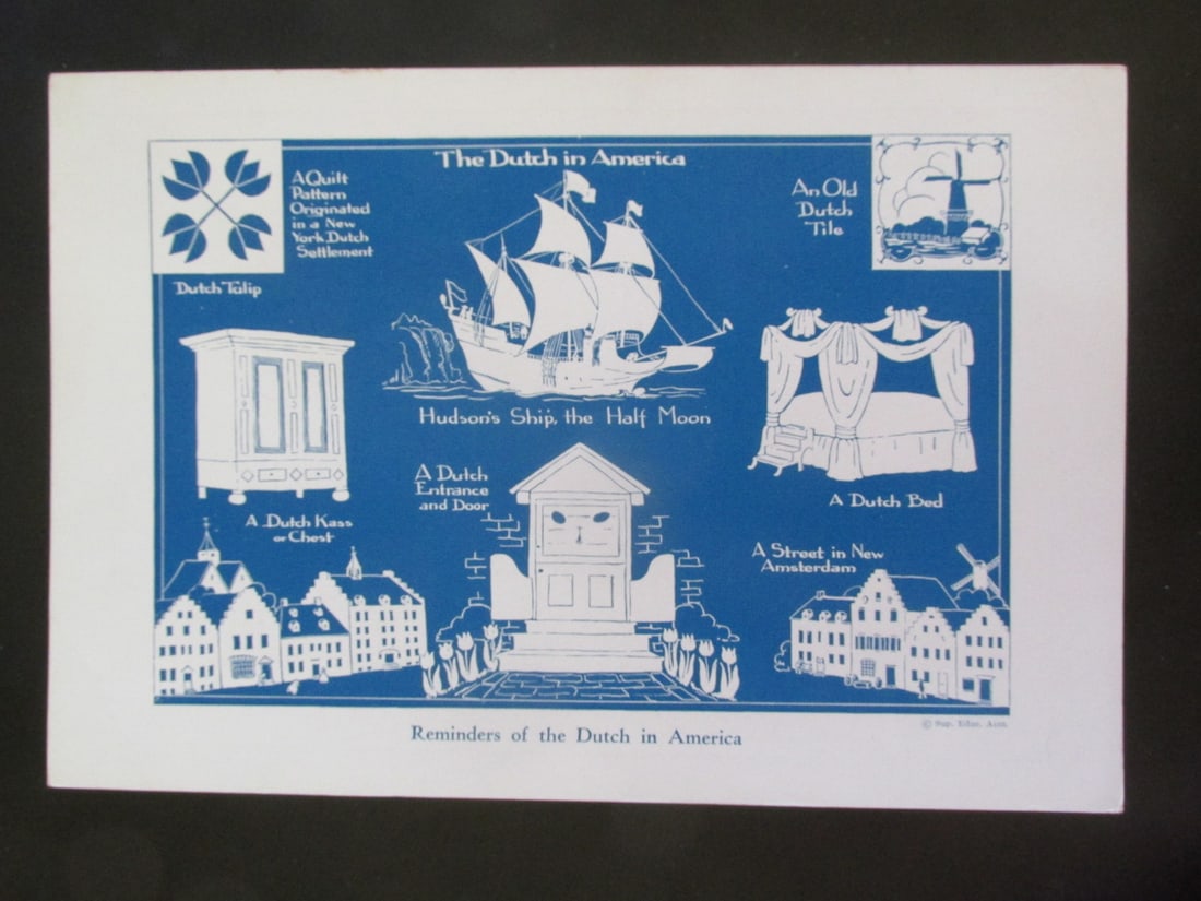 The Dutch In America: The Dutch in America Original teaching card. Text on verso with information. Dated: c 1930 - 1940's Publisher: Superior Eduction Assoc. Condition Report Very Good Plus Subject References: 111F