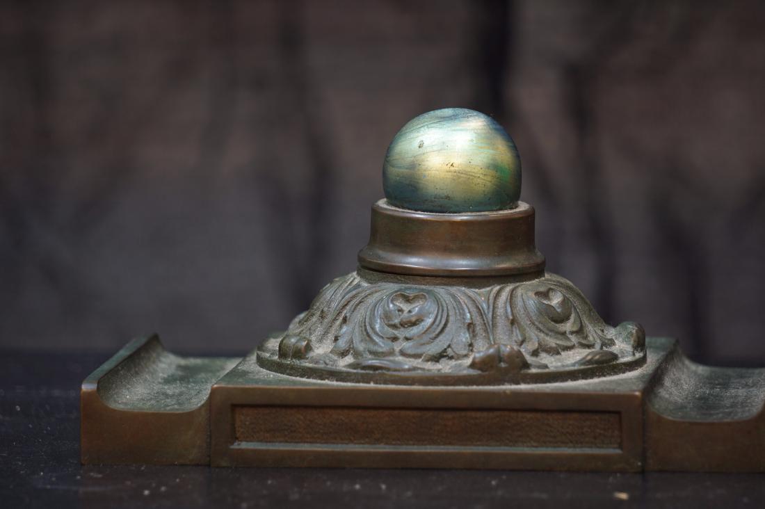 Art Nouveau Bronze and Iridescent Glass Inkwell (1 of 5)