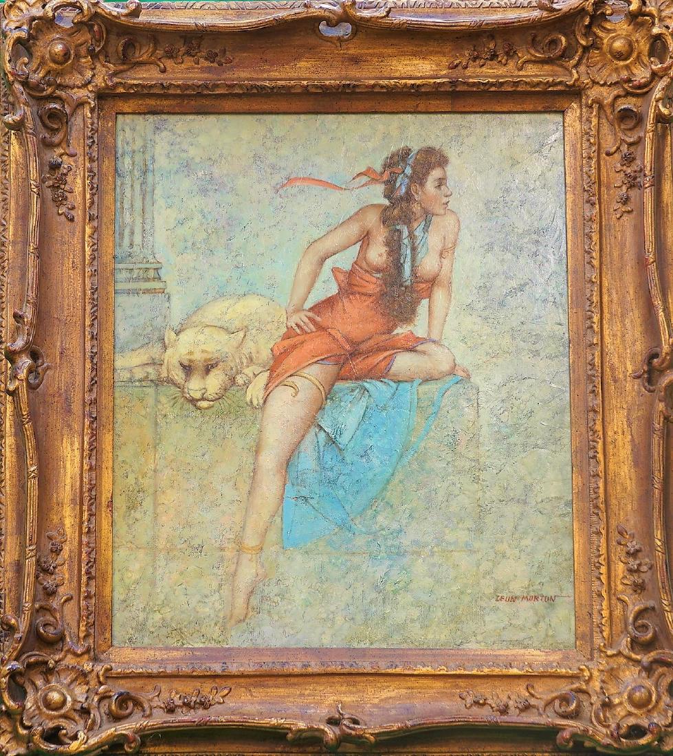 Contemporary Aesthetic Lady with White Tiger Oil on: Contemporary oil on canvas in gilt wood frame depicting a partially nude woman with a resting white tiger behind set in a Neoclassical setting. Signed in the lower right corner "Leon Morton" Measures