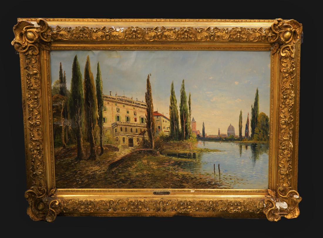 Antique Oil on Canvas Italian Palazzo Scene 38.25"x52" (1 of 7)