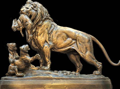 Antique French Signed Lion Bronze: French 19th century. Antique French male lion hunting bronze with a fresh caught hare about to feed it to his cubs. Titled "Lion 1er Gibier"/ "Lion nourrissant ses lionceaux" signed " E. Delabrierre"