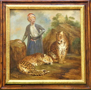 Massive Oil on Canvas of Guru Hargobind with Leopards: Important antique signed oil on canvas in a large wood and gilt wood frame. Painting depicts a Sikh man standing by den of Indian Leopards. Believed to be Guru Hargobind 19 June 1595 - 3 March 1644) w