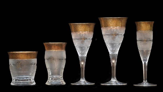 Moser Splendid Crystal Glasses Set: Lot of Cut crystal monogrammed with an "F" Moser Splendid crystal goblet and tumbler glassware. This set contains: 6 Moser Crystal tumblers 4.5" tall with a 4" diameter, 6 Moser Crystal highball glass