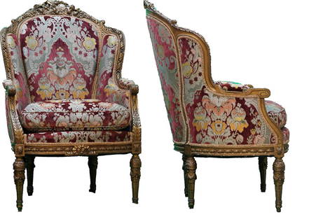 Pair of Antique French Carved Gilt Wood Chairs: A pair of 2 fantastic antique turn of the century carved wood chairs with fancy silk upholstery by . The fabric is made by the famed World Weaver Fabric designed by icon Iris Apfel, Iris Apfel née Ba