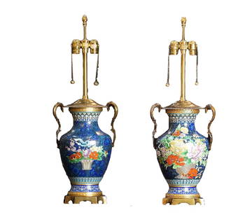 Marbro Lamp Company Cloisonne Vase Lamps: Pair of deep blue cloisonne vase lamps with polished bronze feet and handles from the Marbro Lamp Company. These lamps were featured on a full page ad in Architectural Digest in the 1980s. Limited Edi