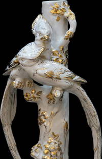 Marbro Lamp Co Porcelain Italian Lamp: Converted back from a lamp, possibly originally converted from a statue the first time. Marbro lamp company signed white porcelain lamp base vase with filled top and gold painted pheasants. Measures 1