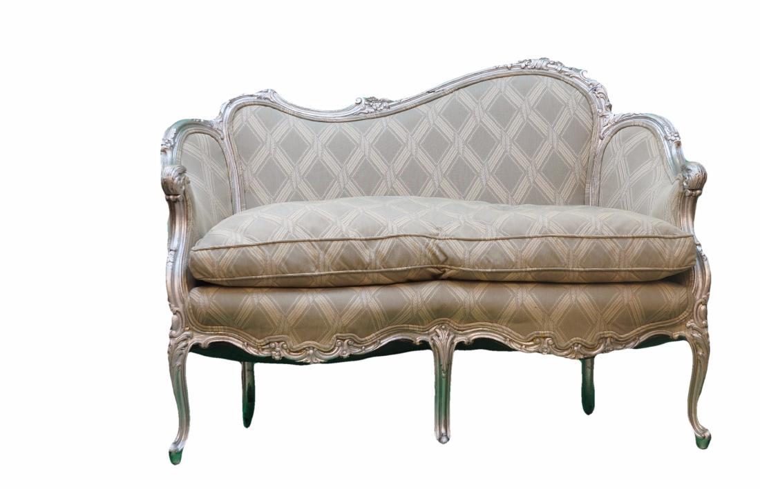 Painted Silver Wooden Loveseat: Silver painted antique wood loveseat with silk upholstery. 48" wide and 27" deep