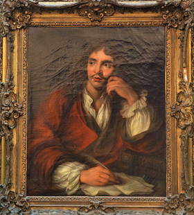 Antique Oil on Canvas of Moliere: Important oil on canvas depicting a young Moliere, Jean-Baptiste Poquelin. After Sebastien Bourdon. Signed illegibly possibly " Di Valori" In antique gilt wood frame. Some lose too the frame. Measures