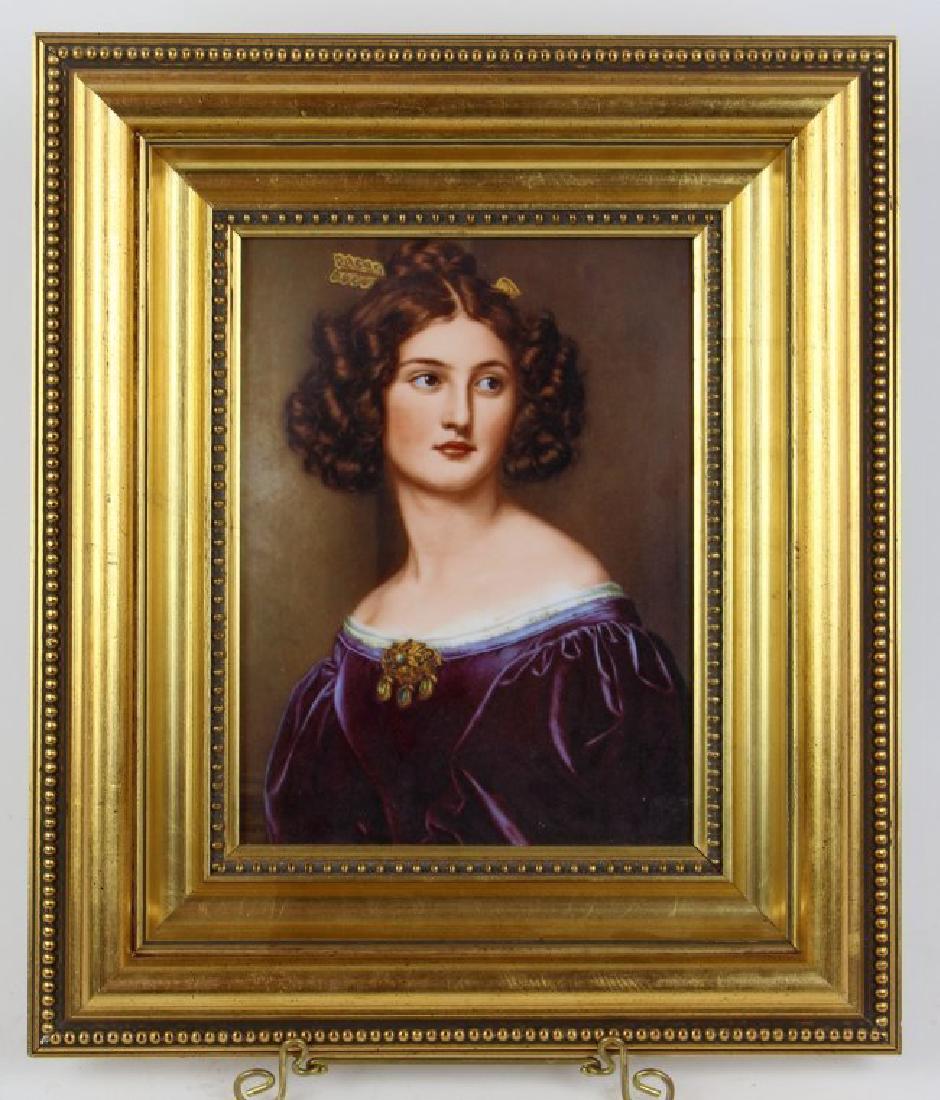 Oil on Porcelain of Nanette Kaula: German, Porcelain portrait of Nanette Kaula after Joseph Stieler. Nanette Kaula was the daughter of a Jewish Court Agent Raphael Kaula. She is depicted here and traditionally with a purple and black v