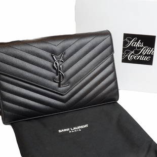 YSL Monogram Chain Wallet in Black Leather: NEW IN BOX AND DUST COVER Classic Saint Laurent Flap Front Wallet With Removable Metal Chain, Metal Interlocking YSL Signature And MatelassÃ© Stitching In Black Grain De Poudre Textured MatelassÃ©