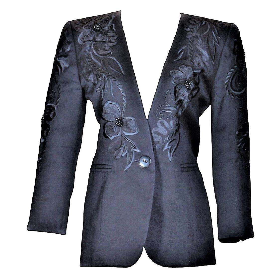 Vintage Late 80s Escada Embellished Chanel: Vintage 1980s Escada by Margaretha Ley Haute Couture Jacket in deep navy blue ( almost black ) with plunging v-neck bodice with single button closure jacket in very fine 100% pure gross grain silk wit