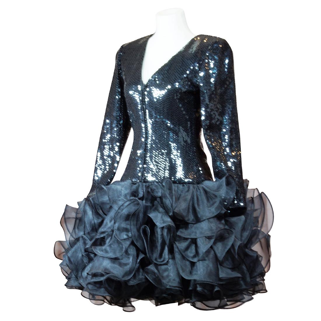 After 5 by Julie Duroché Sequin Cocktail Dress: After 5 by Julie Duroché black cocktail dress in very elegant sassy dropped waist design with all over hand-sewn sequin embellishment covering the entire front, back and long sleeves, terminating in 