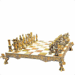 24k Gold Piero Benzoni Medieval Chess Set: Italian 20th Century Piero Benzoni Medieval Chess Set. Handcrafted 24K gold and silver plated bronze medieval chess set signed by Piero Benzoni from his historical collection. Included are thirty-two