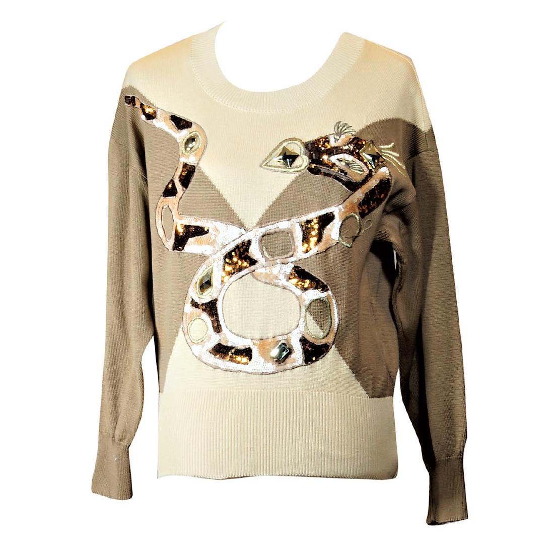 Vintage Escada Snake Embellished Pull Over: Vintage Escada by Margaretha Ley tan and brown hourglass sweater with sequin and large gold plastic jewel embellished banded snake/serpent, fitted waist and cuffs. Indicated size 34.