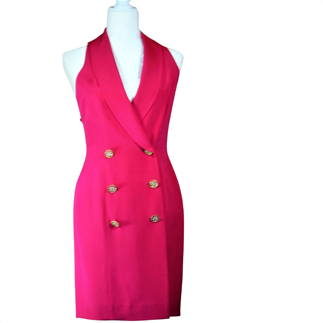 Morton Myles Pink Silk Shell Dress: Morton Myles for the Warrens 100% pink silk shell sleeveless double breasted coat dress with shawl collar and 6 checkerboard jeweled gilt metal buttons. Indicated size 6 Measures: Bust 32.5" Waist 27"