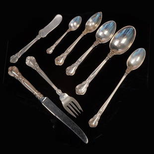 Gorham "Chantilly" Pattern Sterling Flatware for 12: A stunning set of Gorham "Chantilly" pattern 95 sterling silver flatware service for 12 consisting of: 12 salad forks- 36.0 grams each, 12 flat butter spreaders-26.7 grams each, 12 dinner forks- 46.9