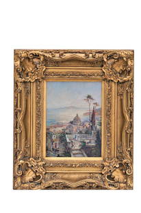 Oil on Board Amalfi Coast: Oil on Board Amalfi Coast Scene in Gilt Composite Frame, Rococo Style, Signed "N. Bertin". Frame measures 28.5" high, 25" wide, 4" deep.