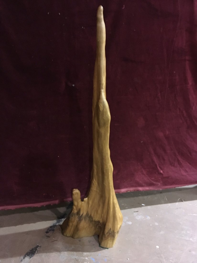 Minimalist Driftwood Sculpture Statue: Mid Century Modern reclaimed minimalist driftwood statue with green felt mounting. Unsigned. Measures 48" tall