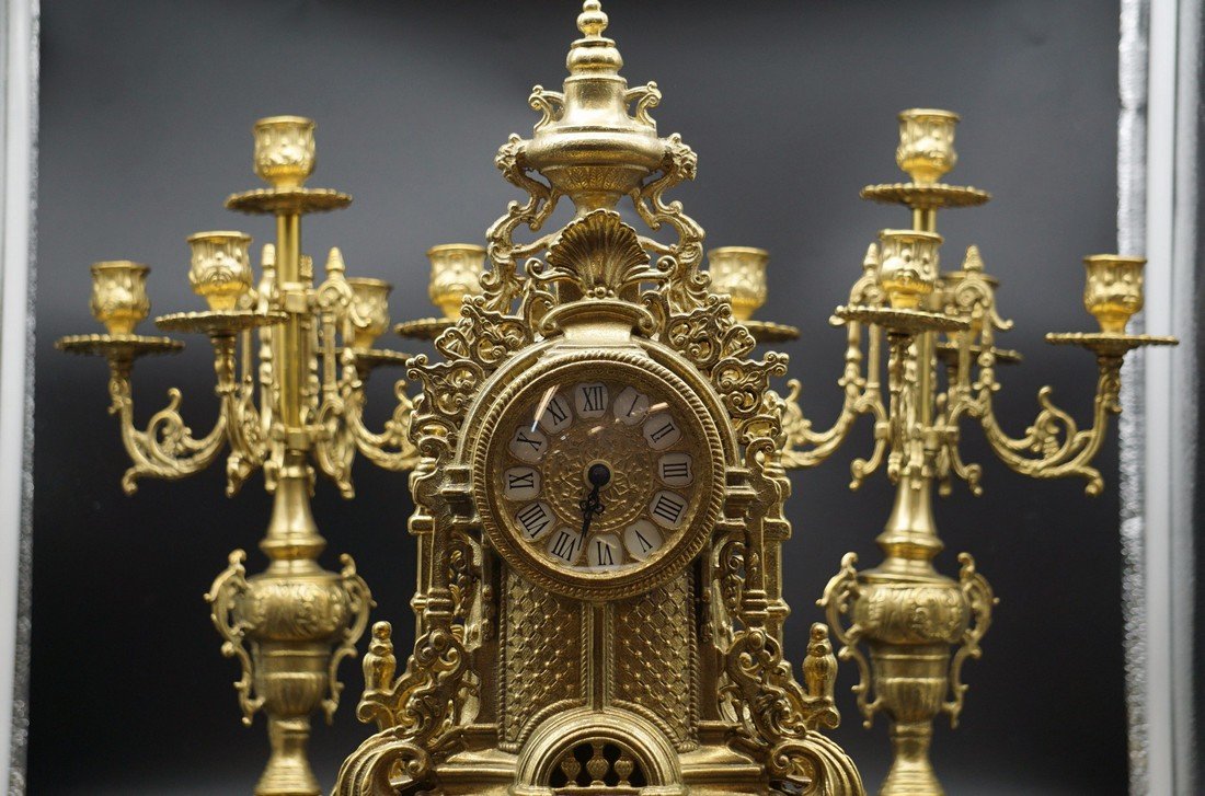 3 Piece Dore Bronze Clock and Candle Stick Hold (1 of 5)