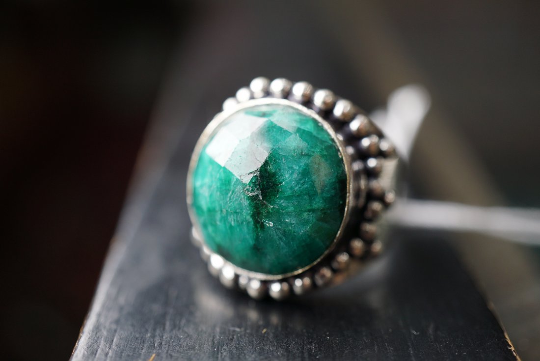 Antique Mine Cut Emerald and Silver Ring (1 of 3)