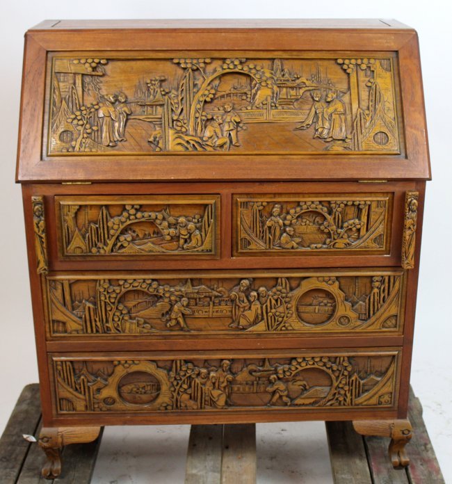 Antique Carved Chinese Drop Front Secretary (1 of 4)