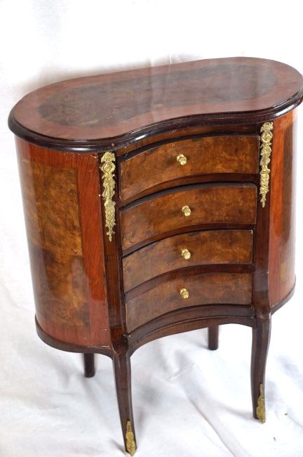 Burl Veneer Kidney Side Table: Kidney Shapped burl walnut veneer 4 Drawer Side dresser with dore bronze attributes