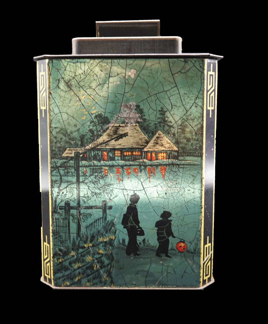 Antique Huntley & Palmers Collectible Tin: English,Antique Huntley & Palmers Highly sought after,Collectible Tin in the form of Chinese Pagoda, Having Painted scene of Chinese Landscape scene, 8"HT X 4 3/4 W X 3 1/2D