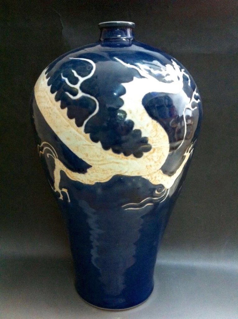YUAN STYLE, A BLUE GLAZED WHITE DRAGON VASE (1 of 8)