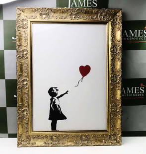 Banksy-Girl With Red Balloon, Ornate Framed: Banksy-Girl With Red Balloon, Ornate Framed. Size 20 x16 inches. Ltd edition run of 300 print. Coa supplied # 55/300. Auctioneers note: Please note this is not a Pest Control Edition. Valuations