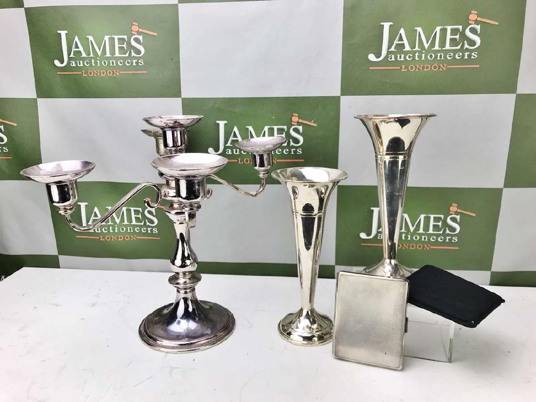 Silver Flower Vases, Four Branch Candelabra & Cigarette: Silver Plated Flower Vases , Four Branch Silver Plated Candelabra & Cigerette case & cover
