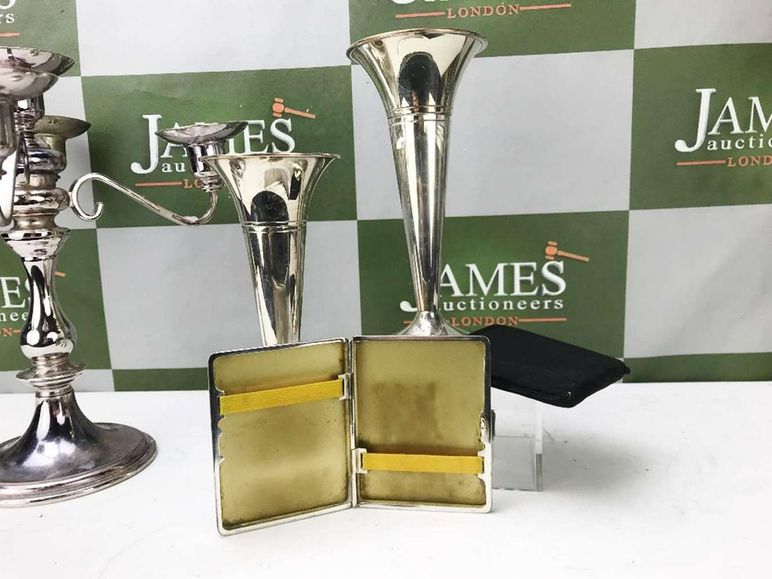 Silver Flower Vases, Four Branch Candelabra & Cigarette: Silver Plated Flower VasesÂ , Four Branch Silver Plated Candelabra & Cigerette case & cover