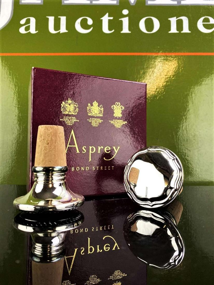 Asprey- Two Silver Plated Wine Bottle Stoppers: Asprey- Two Silver Plated Wine Bottle Stoppers, original box as pictured
