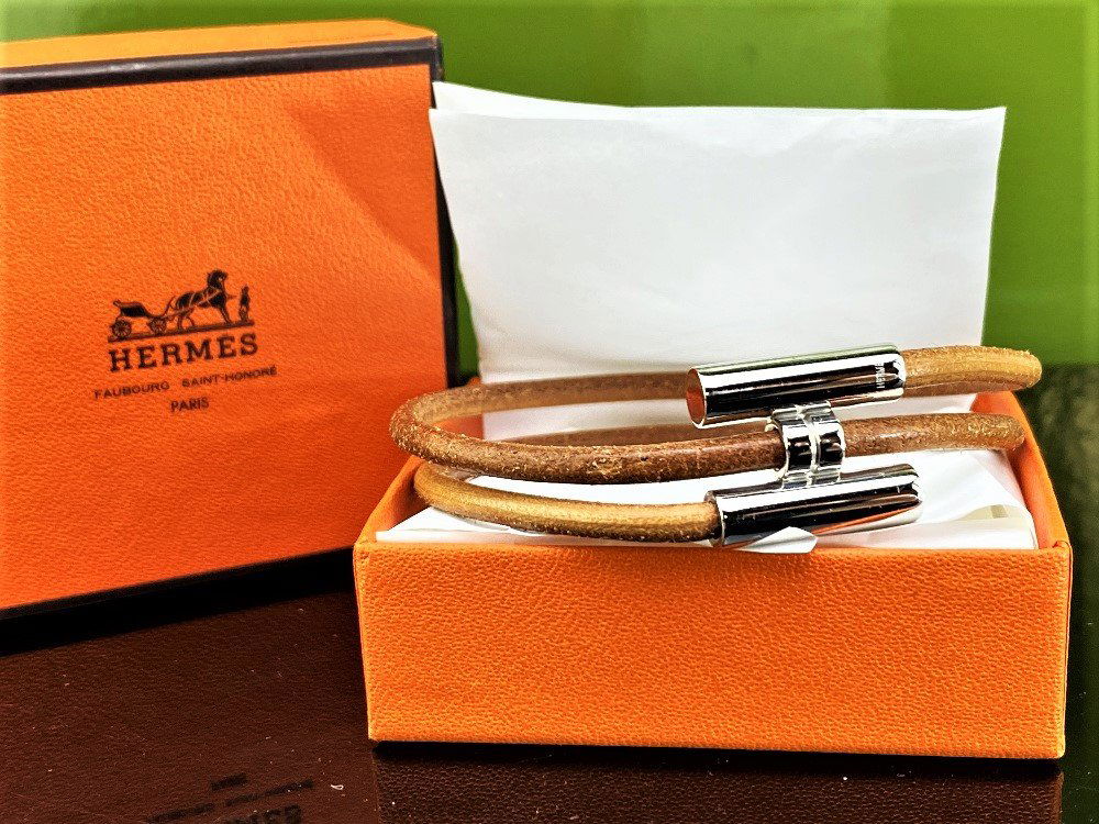 Hermes Paris Brown Leather Silver H Wrap Bracelet (1 of 3)